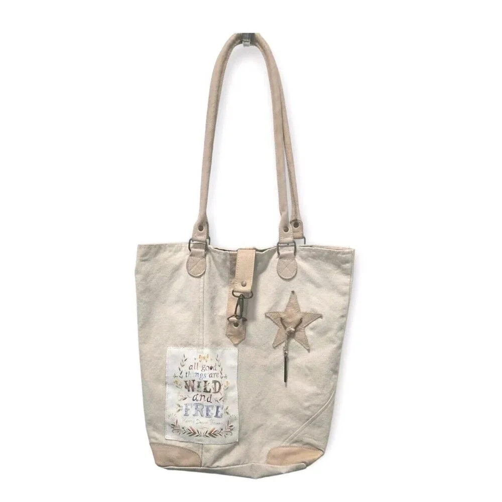 Vintage Addiction Tote L Cream Leather Canvas All Good Things Are Wild And Free